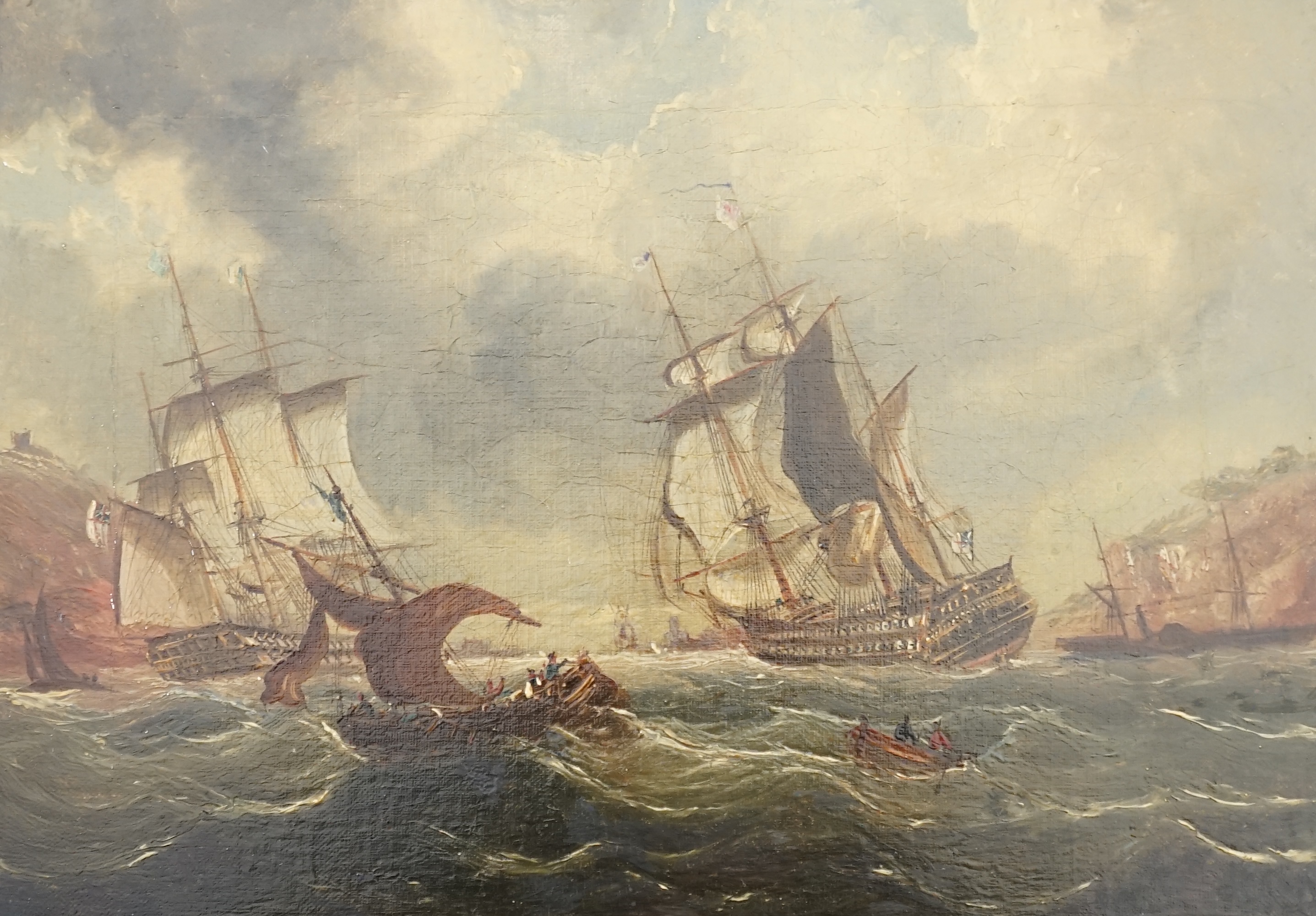 English School, early 19th century , Merchant and other ships off London dock, one carrying an American flag, and shipping in a river estuary, oils on canvas, a pair, 24 x 34cm